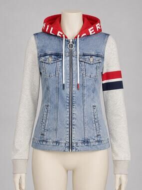 Tommy Hilfiger Denim Hoodie Jacket Vest Hybrid Womens XS Red Grey Y2K Trend